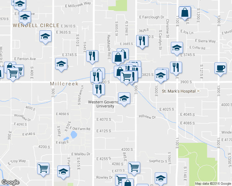 map of restaurants, bars, coffee shops, grocery stores, and more near 3924 East 3950 South in Murray