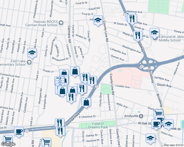 map of restaurants, bars, coffee shops, grocery stores, and more near 125 Bethaven Lane in Massapequa