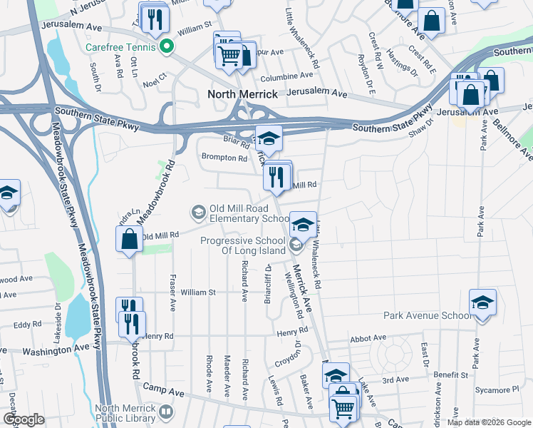 map of restaurants, bars, coffee shops, grocery stores, and more near 699 Merrick Avenue in Merrick