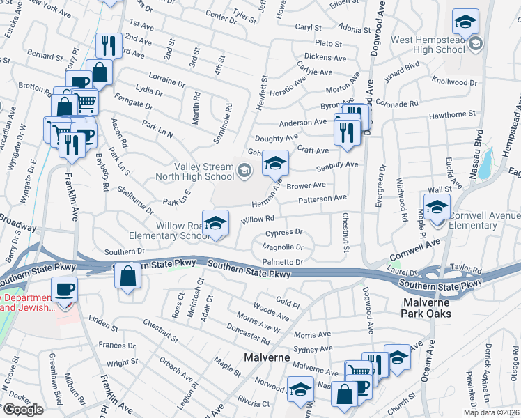 map of restaurants, bars, coffee shops, grocery stores, and more near 789 Herman Avenue in Franklin Square
