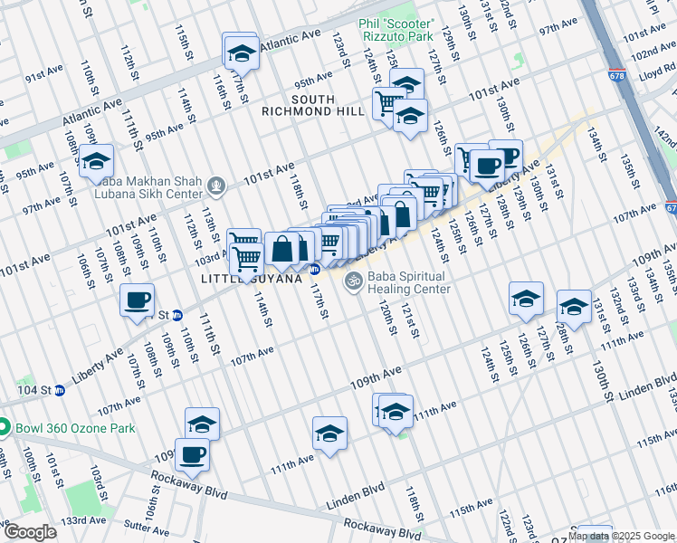 map of restaurants, bars, coffee shops, grocery stores, and more near 10413 Lefferts Boulevard in Queens