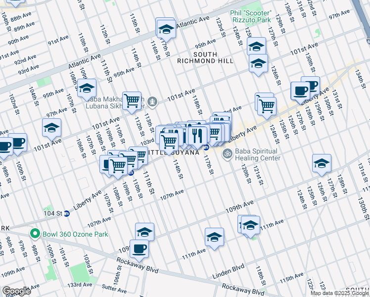 map of restaurants, bars, coffee shops, grocery stores, and more near 115-19 Liberty Avenue in Queens