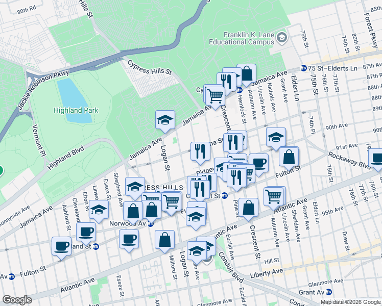 map of restaurants, bars, coffee shops, grocery stores, and more near 196 Etna Street in Brooklyn