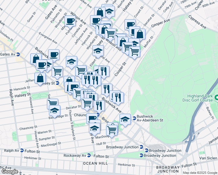 map of restaurants, bars, coffee shops, grocery stores, and more near 83A Cooper Street in Brooklyn