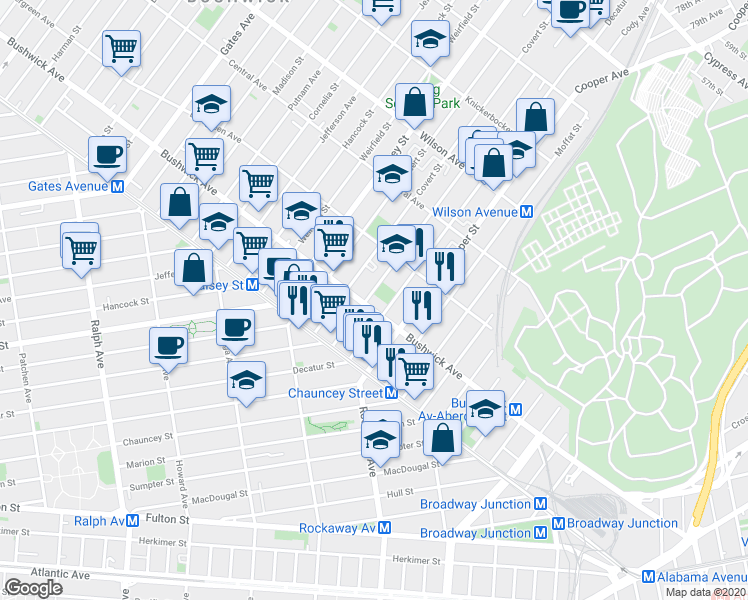 map of restaurants, bars, coffee shops, grocery stores, and more near 1341 Bushwick Avenue in Brooklyn