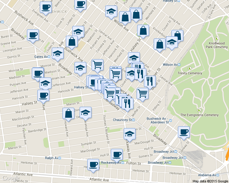 map of restaurants, bars, coffee shops, grocery stores, and more near 48 Covert Street in Brooklyn