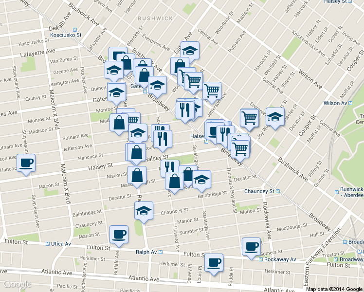 map of restaurants, bars, coffee shops, grocery stores, and more near 920 Hancock Street in Brooklyn