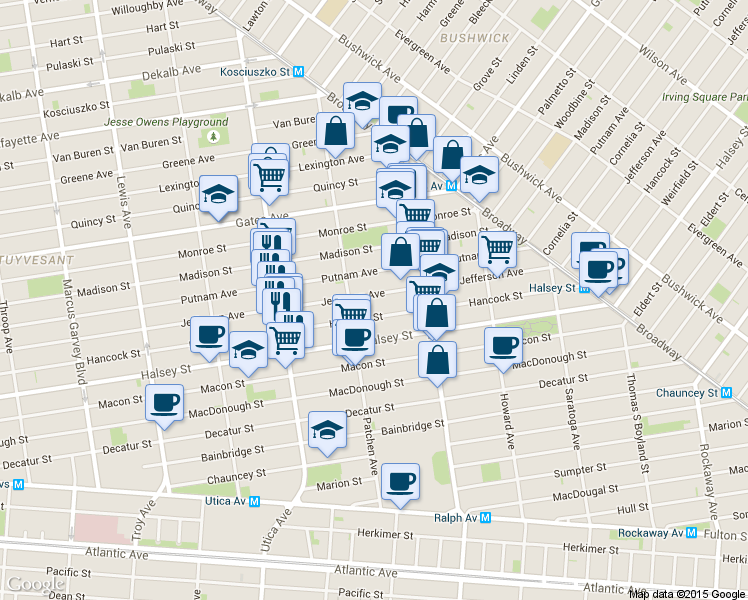 map of restaurants, bars, coffee shops, grocery stores, and more near 780 Jefferson Avenue in Brooklyn