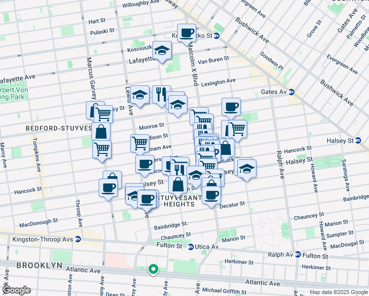 map of restaurants, bars, coffee shops, grocery stores, and more near 742 Putnam Avenue in Brooklyn