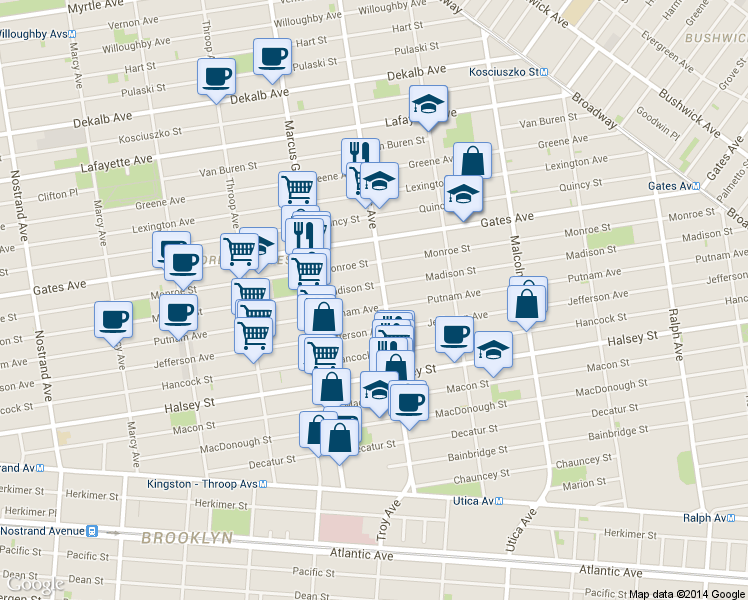 map of restaurants, bars, coffee shops, grocery stores, and more near 538 Madison Street in Brooklyn