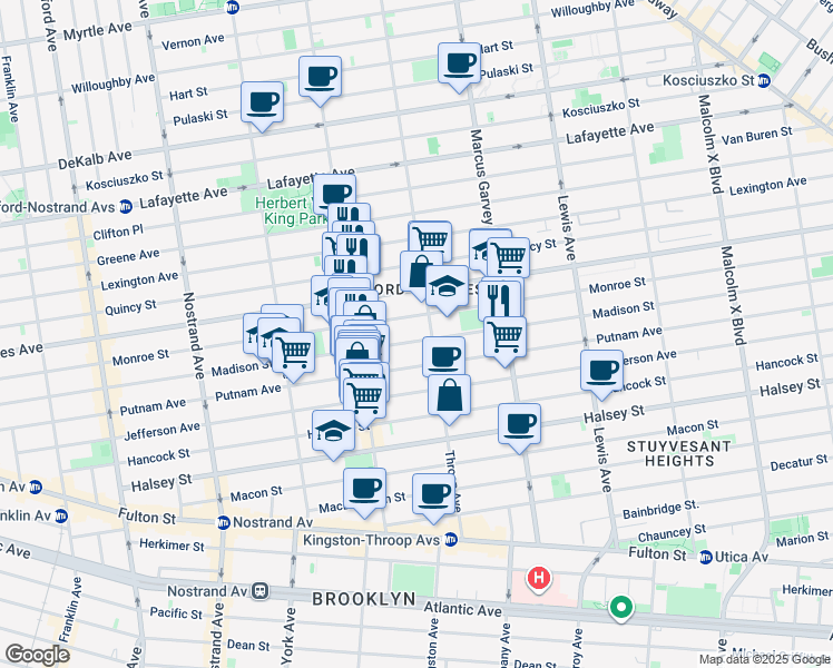 map of restaurants, bars, coffee shops, grocery stores, and more near 397 Madison Street in Brooklyn