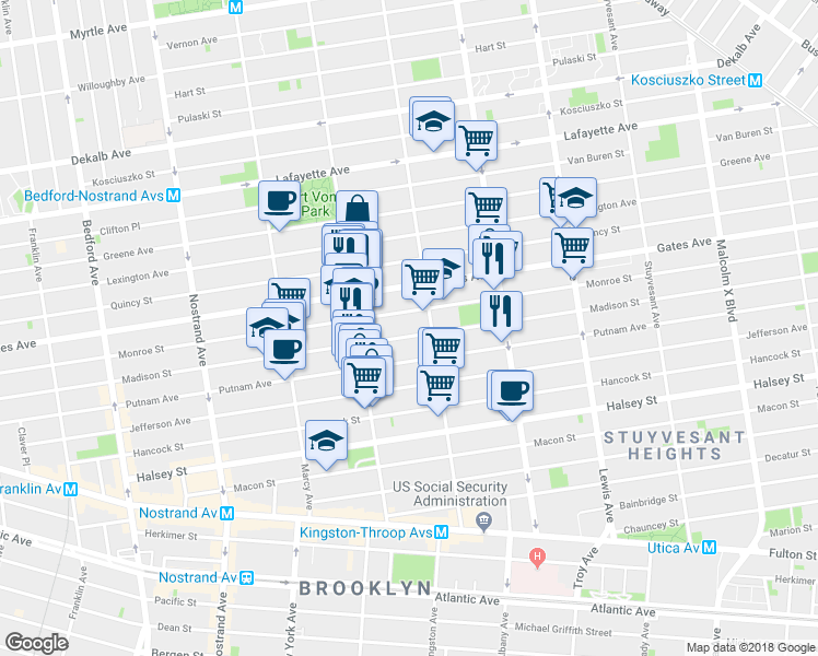 map of restaurants, bars, coffee shops, grocery stores, and more near 397 Madison Street in Brooklyn