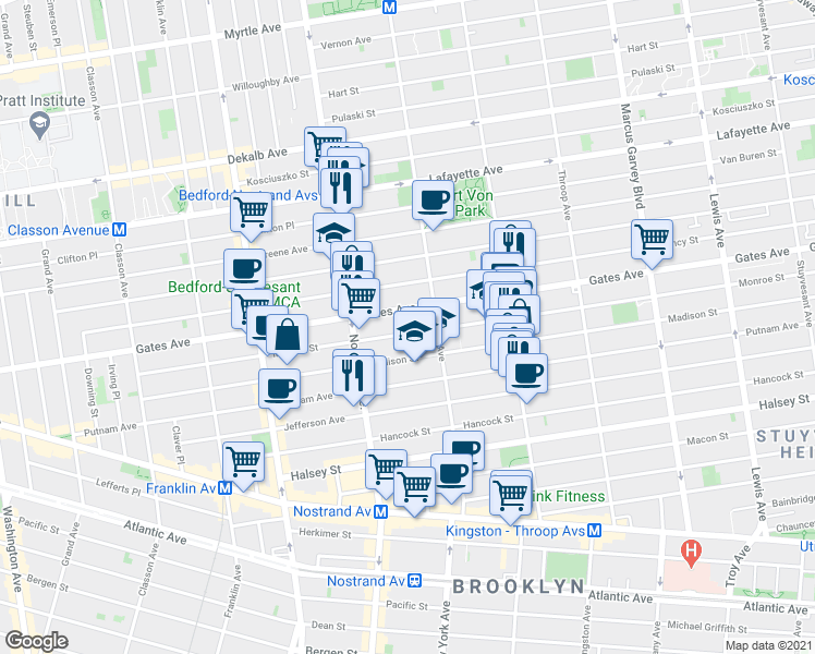 map of restaurants, bars, coffee shops, grocery stores, and more near 251 Monroe Street in Brooklyn