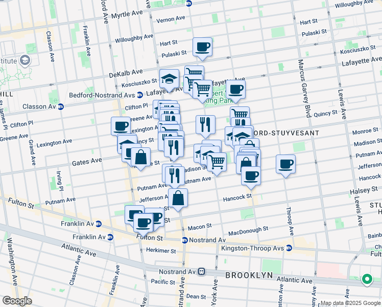 map of restaurants, bars, coffee shops, grocery stores, and more near 251 Monroe Street in Brooklyn