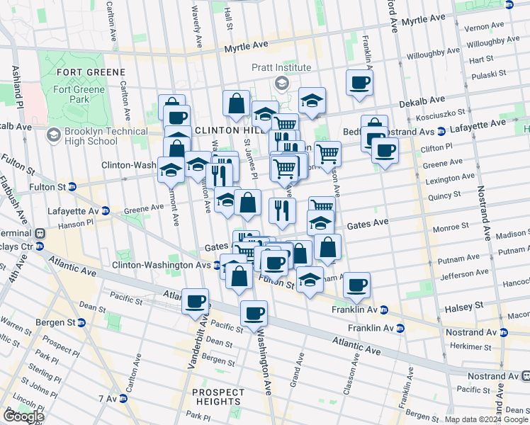 map of restaurants, bars, coffee shops, grocery stores, and more near 34 Cambridge Place in Brooklyn