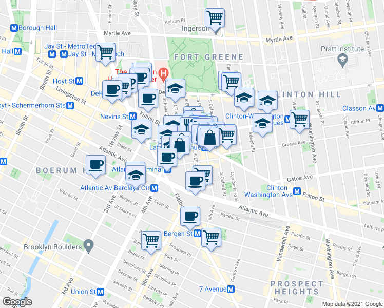map of restaurants, bars, coffee shops, grocery stores, and more near 116 South Elliott Place in Brooklyn