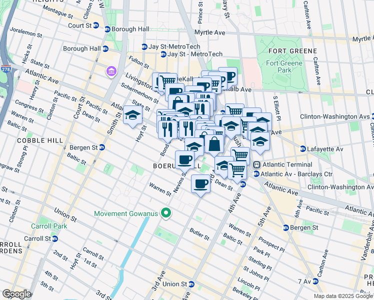 map of restaurants, bars, coffee shops, grocery stores, and more near 460 Atlantic Avenue in Brooklyn