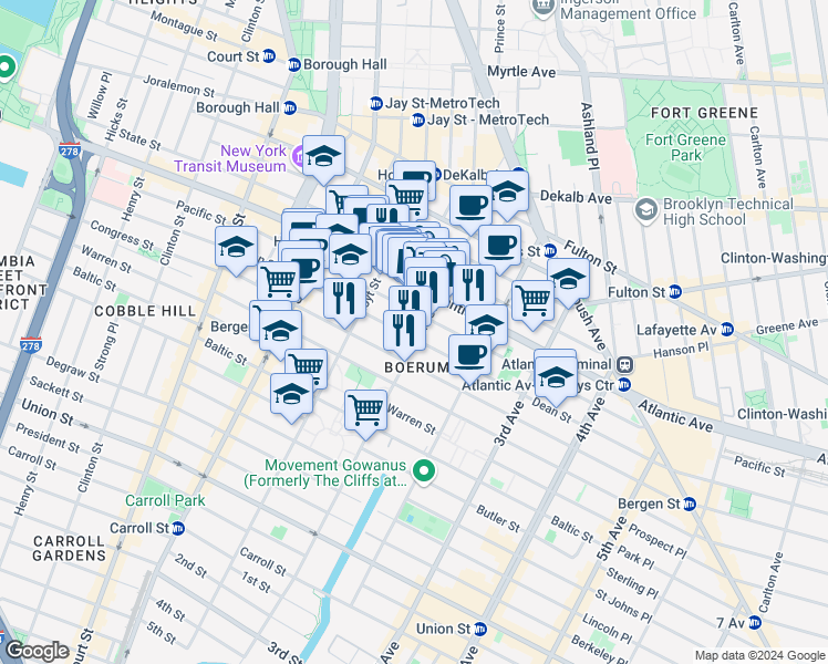 map of restaurants, bars, coffee shops, grocery stores, and more near 191 Dean Street in Brooklyn