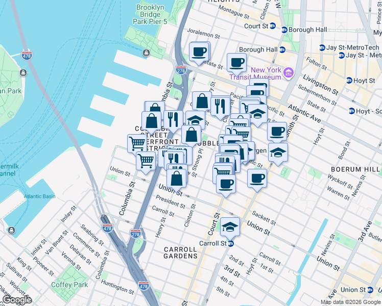 map of restaurants, bars, coffee shops, grocery stores, and more near 20 Strong Place in Brooklyn