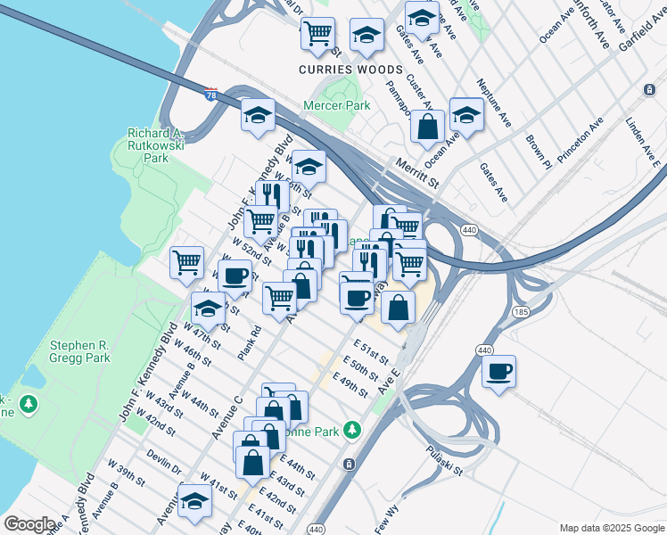 map of restaurants, bars, coffee shops, grocery stores, and more near 1095 Avenue C in Bayonne