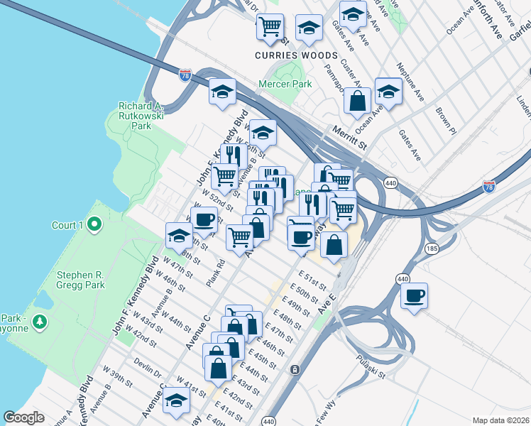 map of restaurants, bars, coffee shops, grocery stores, and more near 1095 Avenue C in Bayonne