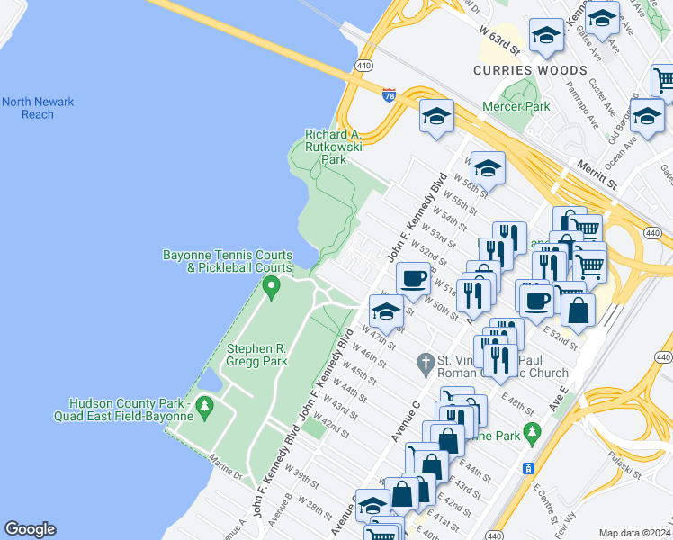 map of restaurants, bars, coffee shops, grocery stores, and more near 183 West 49th Street in Bayonne