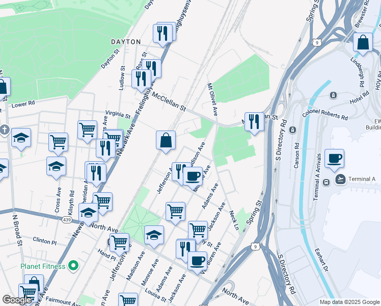 map of restaurants, bars, coffee shops, grocery stores, and more near 1100 Madison Avenue in Elizabeth
