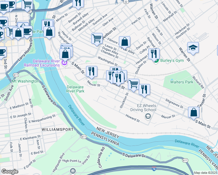 map of restaurants, bars, coffee shops, grocery stores, and more near 11 Cedar Alley in Phillipsburg