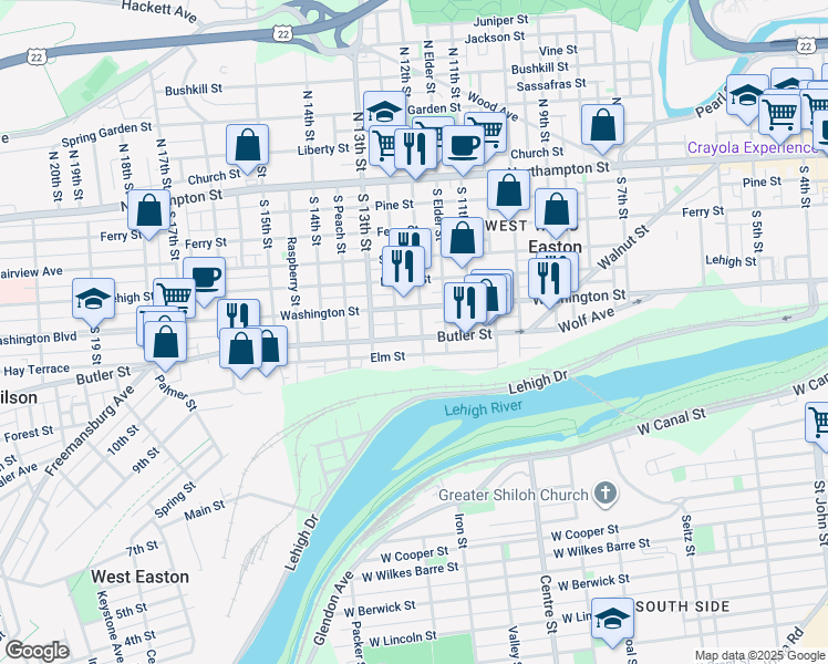 map of restaurants, bars, coffee shops, grocery stores, and more near 1213 Butler Street in Easton