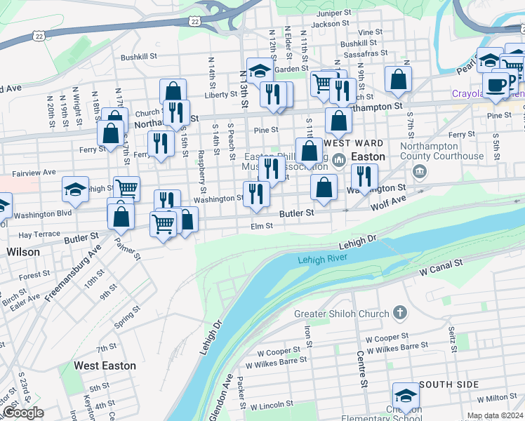 map of restaurants, bars, coffee shops, grocery stores, and more near 1213 Butler Street in Easton