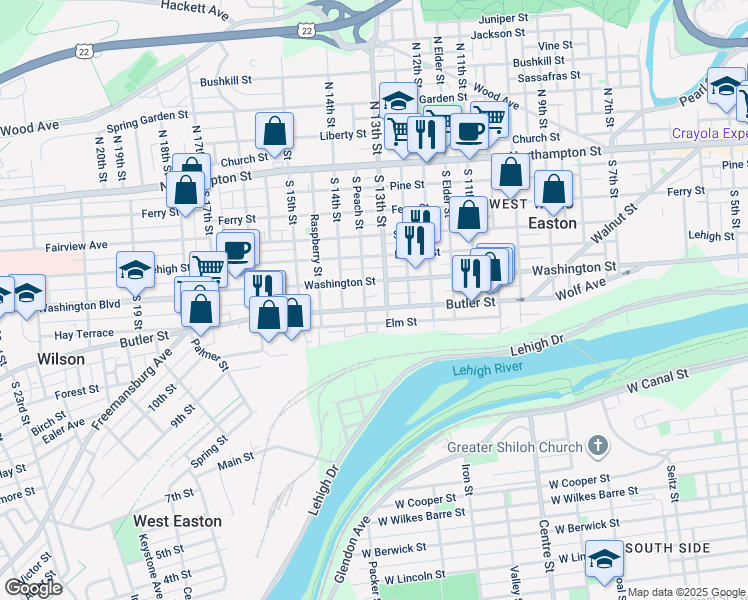 map of restaurants, bars, coffee shops, grocery stores, and more near 325 South 13th Street in Easton