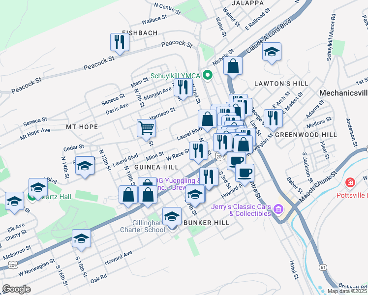 map of restaurants, bars, coffee shops, grocery stores, and more near 418 West Race Street in Pottsville