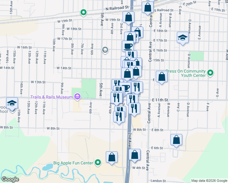 map of restaurants, bars, coffee shops, grocery stores, and more near 300-398 West 12th Street in Kearney