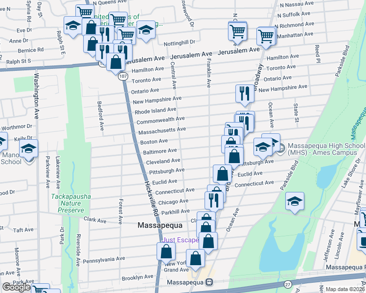 map of restaurants, bars, coffee shops, grocery stores, and more near 626 Central Avenue in Massapequa