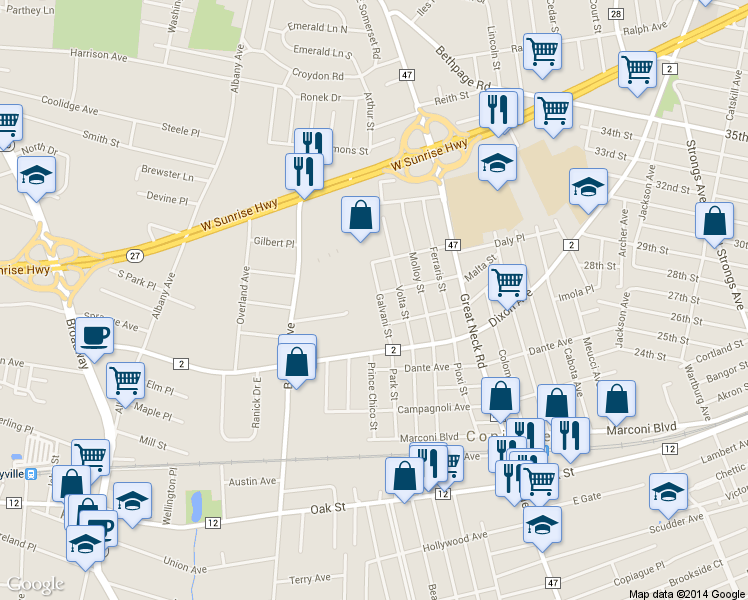 map of restaurants, bars, coffee shops, grocery stores, and more near 185 Galvani Street in Copiague