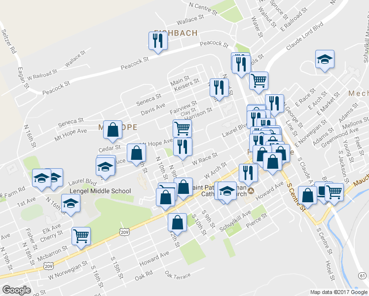 map of restaurants, bars, coffee shops, grocery stores, and more near 708 Laurel Blvd in Pottsville