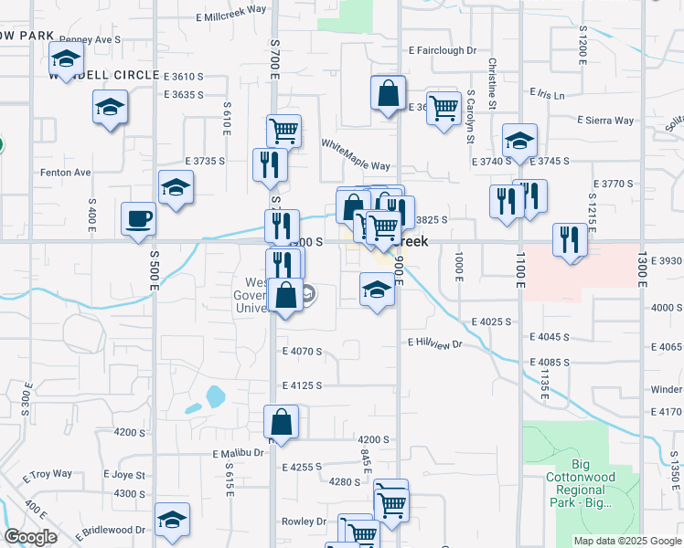 map of restaurants, bars, coffee shops, grocery stores, and more near 3924 South 805 East Street in Murray