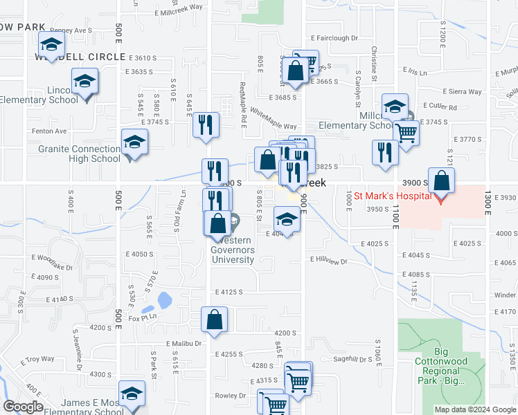 map of restaurants, bars, coffee shops, grocery stores, and more near 3924 East 3950 South in Murray