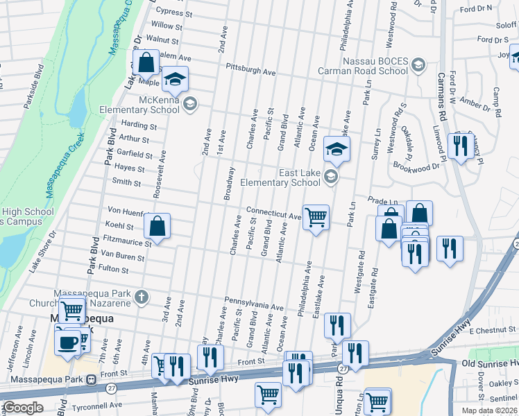 map of restaurants, bars, coffee shops, grocery stores, and more near 151 Pacific Street in Massapequa Park