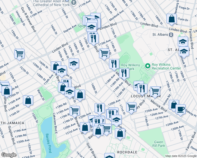 map of restaurants, bars, coffee shops, grocery stores, and more near 169-06 Foch Boulevard in Queens