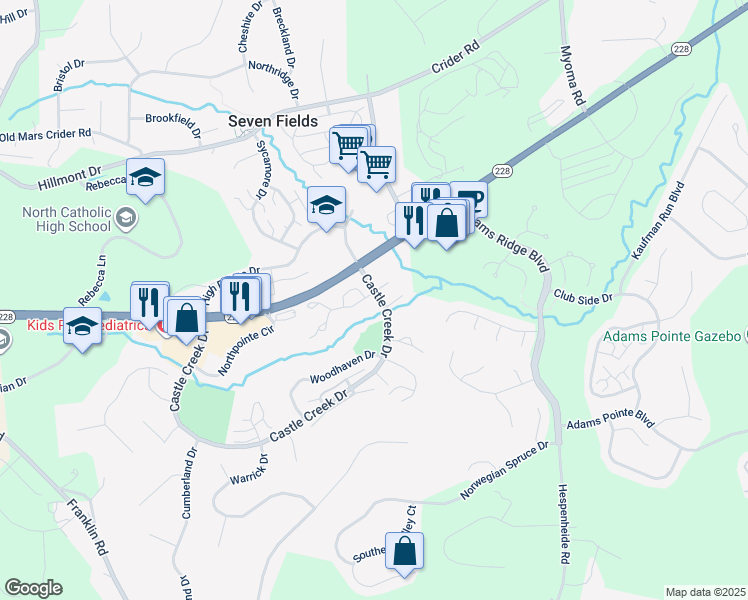 map of restaurants, bars, coffee shops, grocery stores, and more near 101 Brookside Lane in Seven Fields