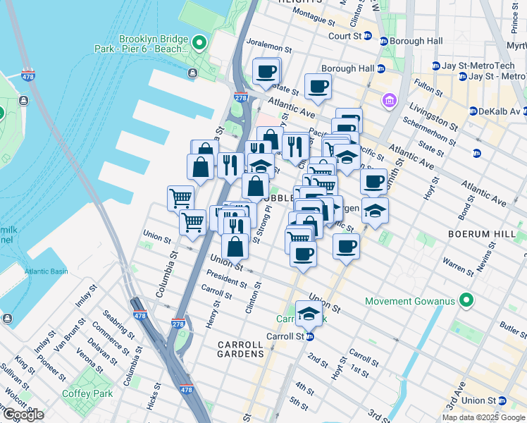 map of restaurants, bars, coffee shops, grocery stores, and more near 20 Strong Place in Brooklyn