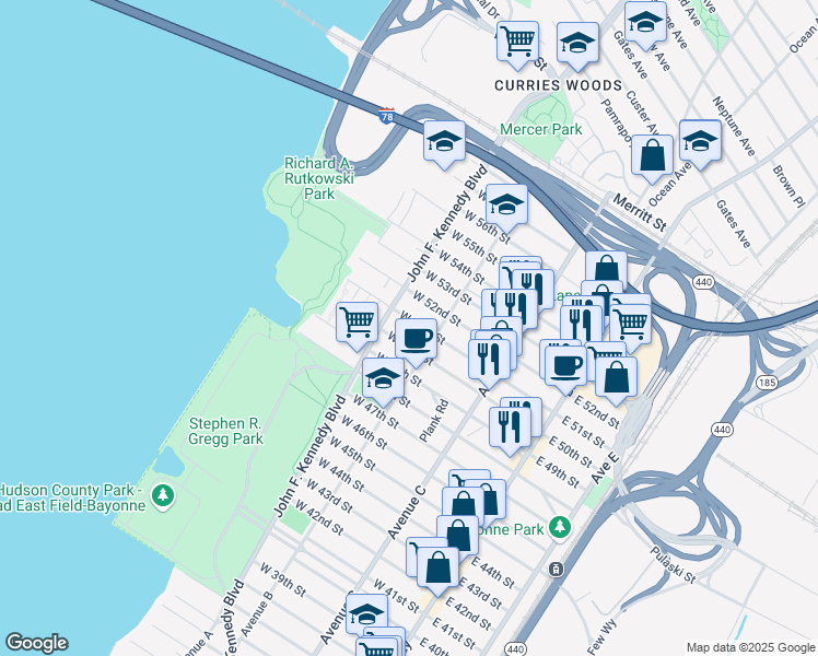map of restaurants, bars, coffee shops, grocery stores, and more near 132 W 51st St in Bayonne