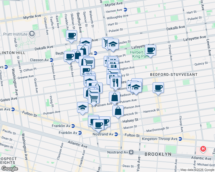 map of restaurants, bars, coffee shops, grocery stores, and more near 370 Gates Avenue in Brooklyn