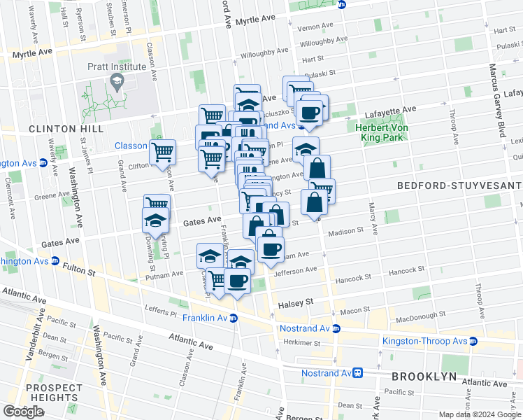 map of restaurants, bars, coffee shops, grocery stores, and more near 329 Gates Avenue in Brooklyn