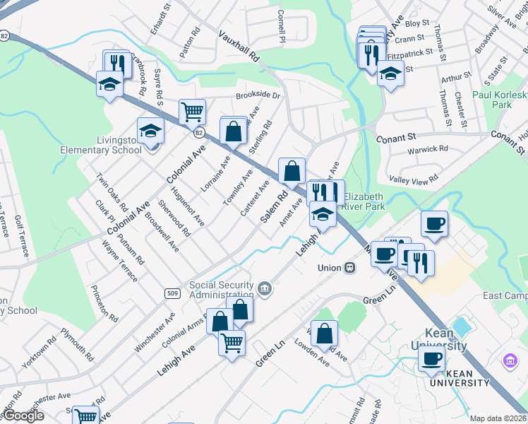 map of restaurants, bars, coffee shops, grocery stores, and more near 952 Salem Road in Union