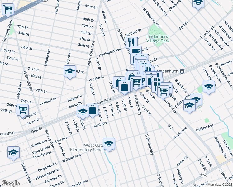 map of restaurants, bars, coffee shops, grocery stores, and more near 164 West Hoffman Avenue in Lindenhurst