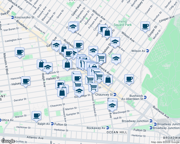 map of restaurants, bars, coffee shops, grocery stores, and more near 1567 Broadway in Brooklyn