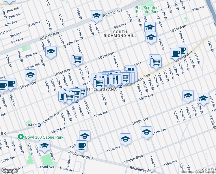 map of restaurants, bars, coffee shops, grocery stores, and more near 115-19 Liberty Avenue in Queens