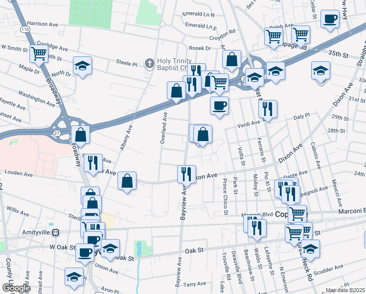 map of restaurants, bars, coffee shops, grocery stores, and more near 430 Bayview Avenue in Amityville